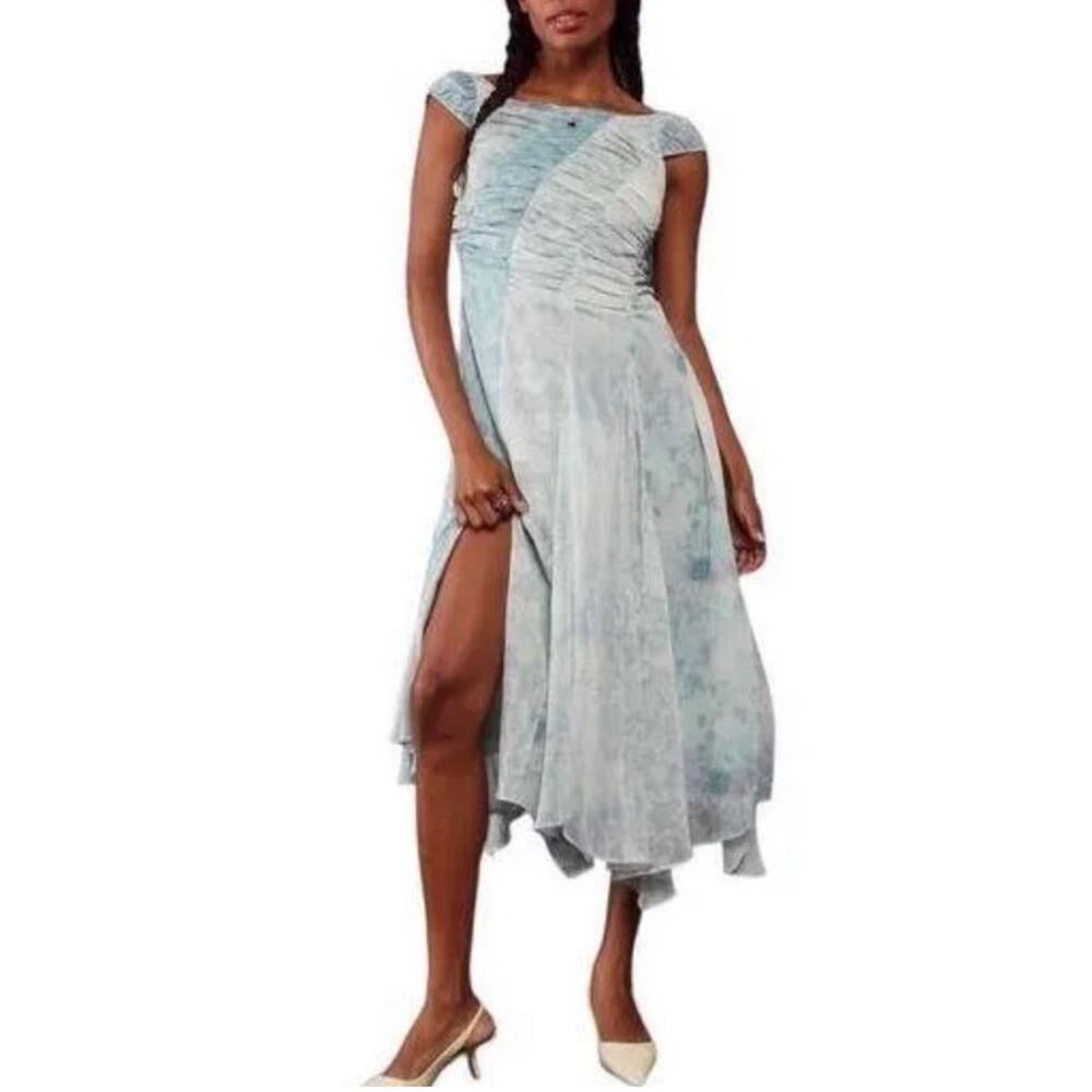 FREE PEOPLE Dress Size 2 Heart to Heart Midi  Fairy Ocean Blue Ruched Flowy NWT